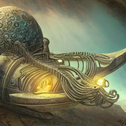 Image similar to crinoid submarine, maximalist art nouveau, cgsociety, artstation by gustave dore and tyler edlin