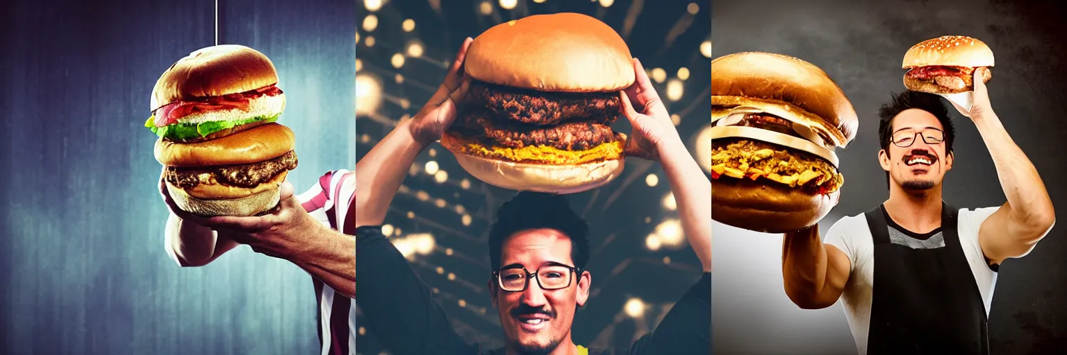 Prompt: Markiplier lifting a gigantic hamburger over his head, utah, bokeh filter