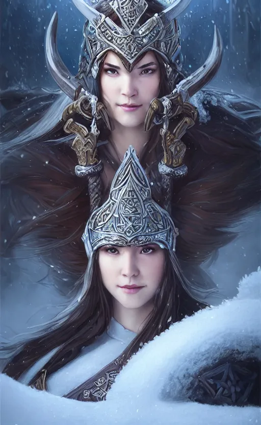 Image similar to azure viking warrior, regal, elegant, winter, snow, beautiful, stunning, hd, illustration, epic, d & d, fantasy, intricate, elegant, highly detailed, wide angle, digital painting, artstation, concept art, smooth, sharp focus, illustration, wallpaper, art by artgerm and greg rutkowski and alphonse mucha and jin xiaodi