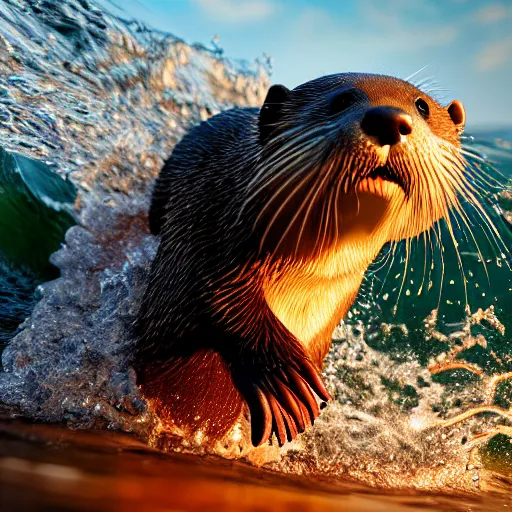 Prompt: a closeup photorealistic photograph of a cute otter - cat hybrid splashing in the surf during sunset. professional capture, well lit shot. this 4 k hd image is trending on artstation, featured on behance, well - rendered, extra crisp, features intricate detail, epic composition and the style of unreal engine.