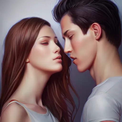 Image similar to perfectly centered symmetrical split male and female portrait of man and woman in love sharing one heart ; art by artgerm, photorealistic, highly detailed ; trending on artstation