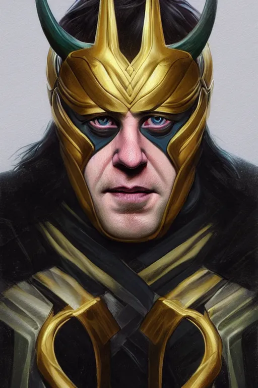 Image similar to Boris Johnson as Loki, realistic portrait, symmetrical, highly detailed, digital painting, artstation, concept art, smooth, sharp focus, illustration, cinematic lighting, art by artgerm and greg rutkowski and alphonse mucha