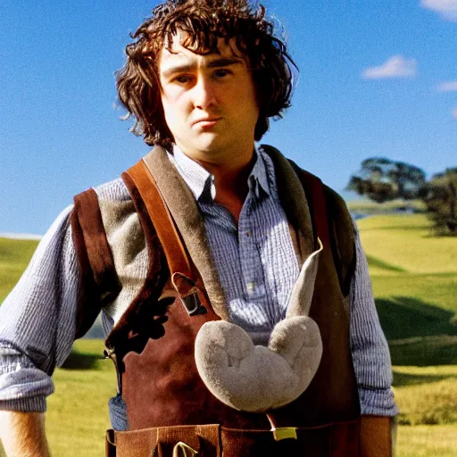 Prompt: frowning clean shaven pudgy British lad with short curly dark brown hair as a hobbit wearing a white men's crossbody sling chest bag and blue vest standing next to a giant rabbit, blue vest! white crossbody chestbag!! high resolution film still, movie by Peter Jackson