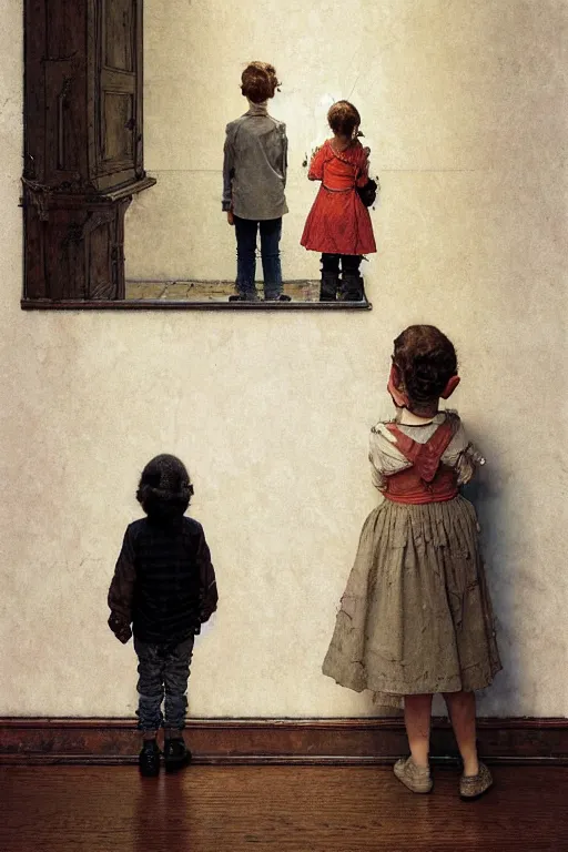 Image similar to a 1 2 year old boy and 3 year old girl looking at a wall full of ghosts, part by norman rockwell, part by greg rutkowski, part by mattias adolfsson, high angle, ( ( ( ( volumetric lighting ) ) ) ), oil on canvas