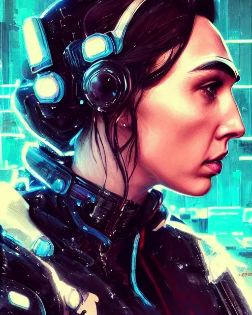 Image similar to detailed side profile portrait Gal Gadot, cyberpunk futuristic neon, reflective puffy coat, decorated with traditional Japanese ornaments by Ismail inceoglu dragan bibin hans thoma greg rutkowski Alexandros Pyromallis Nekro Rene Maritte Illustrated, Perfect face, fine details, realistic shaded, fine-face, pretty face