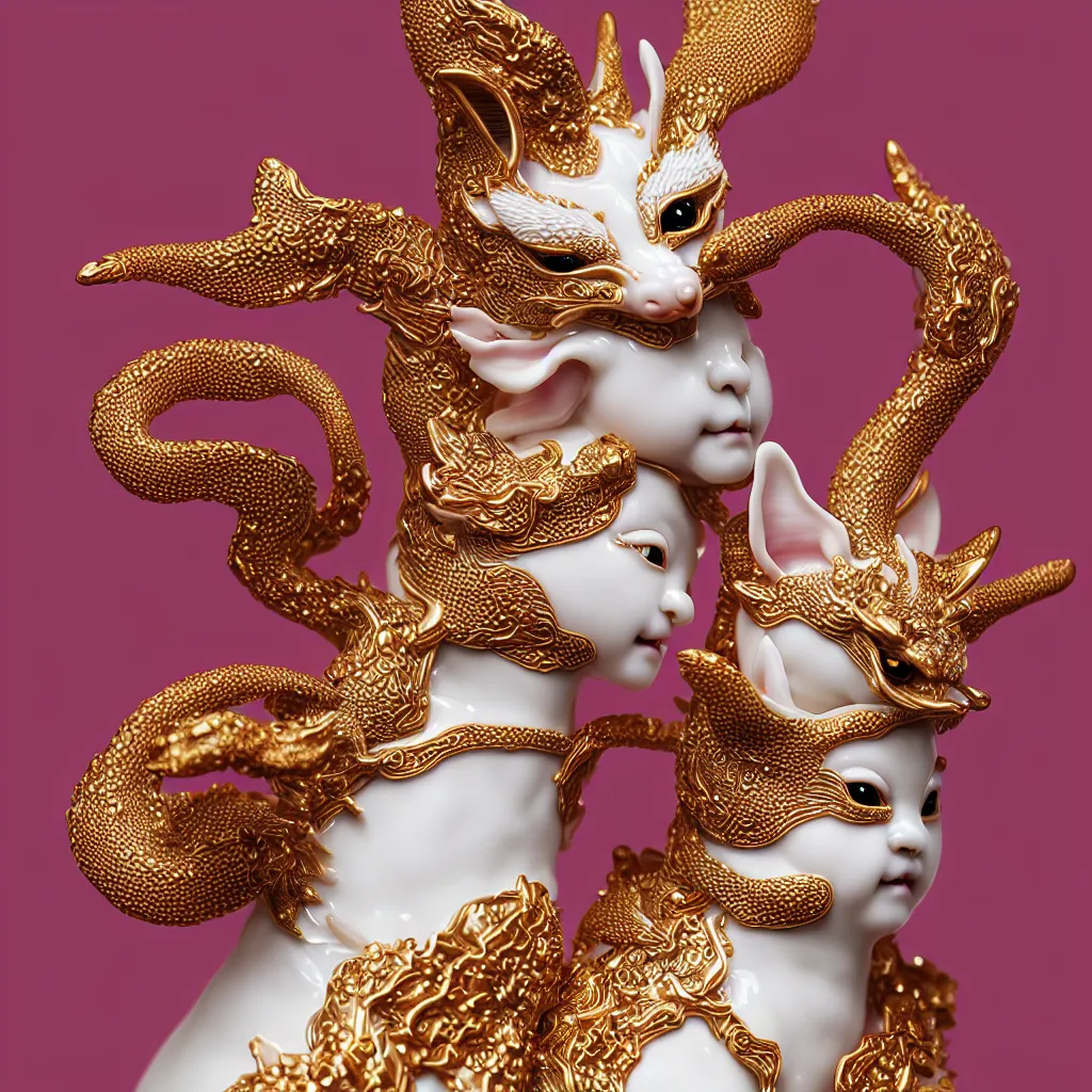 Image similar to a closeup photo - real delicate ceramic porcelain sculpture of an ornate detailed kitsune in front of an intricate background by rafael, micro detail, backlit lighting, subsurface scattering, translucent, thin porcelain, octane renderer, black and hot pink and gold jewelry, physically based rendering, trending on cgsociety