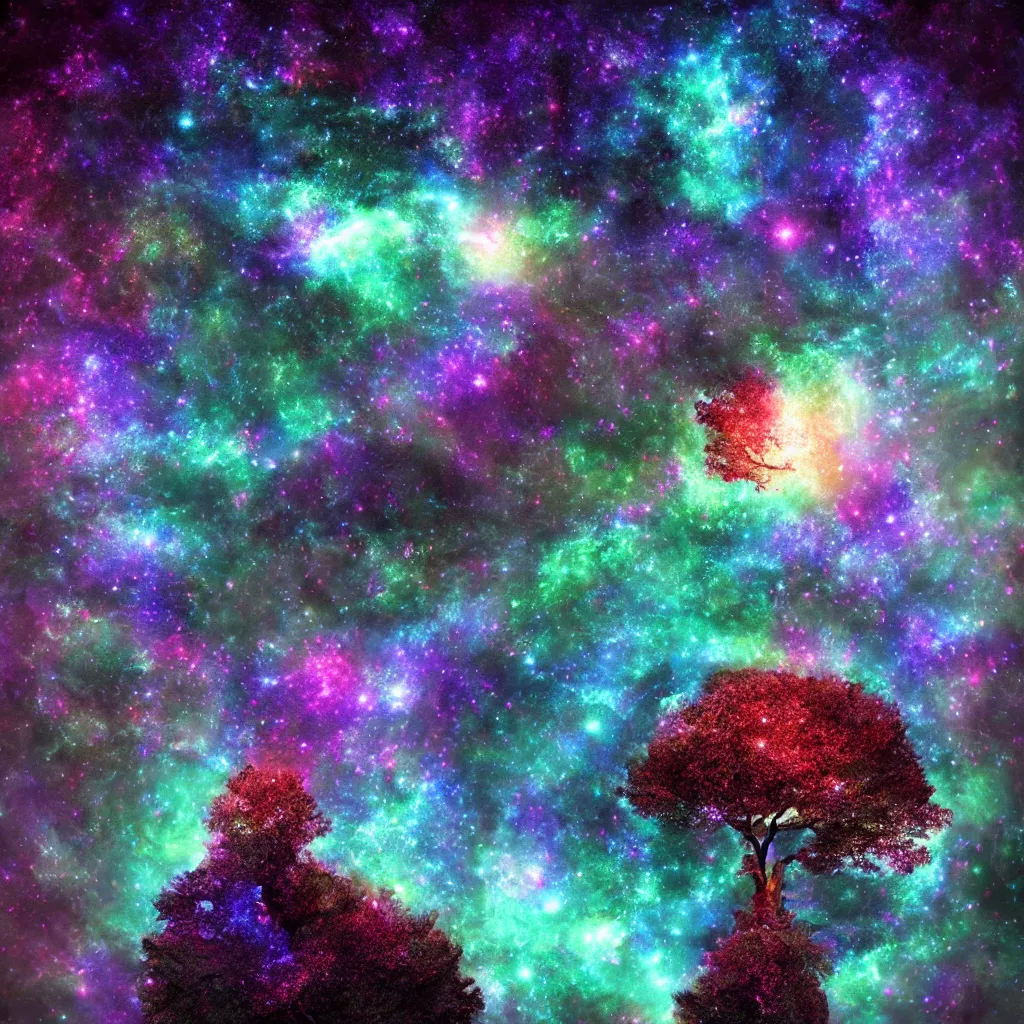 Image similar to Tree in a galaxy made of stars, space, nebulas stars Dmt Psychedelic cosmos, cosmic, Hallucination, night sky; 8k, artstation, unreal engine, octane render, hdr, surrealistic, hyperrealism, glow, photorealistic, volumetric lighting, Dreamy, dynamic, mystical