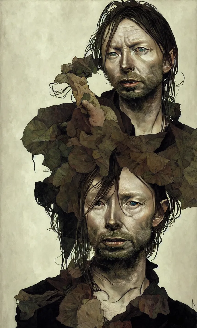 Image similar to hyper realistic portrait of thom yorke singer songwriter by lee bermejo, alphonse mucha and greg rutkowski