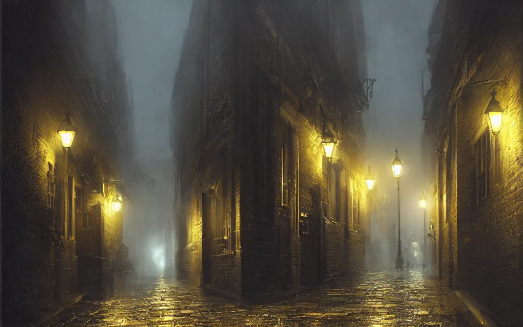 Image similar to quiet victorian london alley at night, raining, dim volumetric lighting, 8 k octane render, hdr, postprocessing, hyperdetailed, intricate, epic composition, cinematic lighting, masterpiece, trending on artstation, stunning artwork by anders zorn, extraordinary art by greg rutkowski,