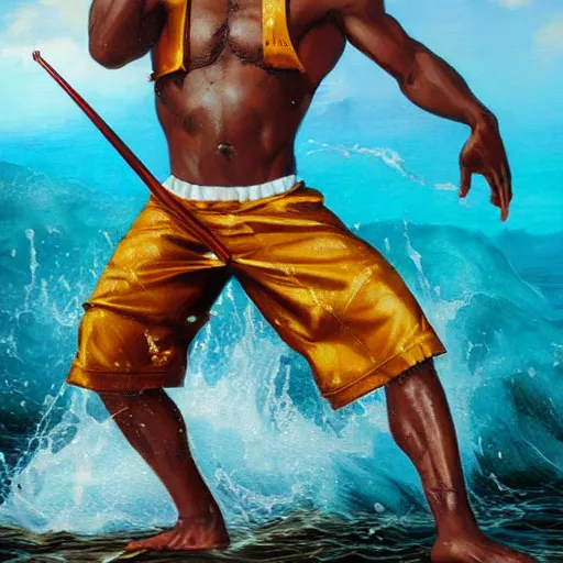 Image similar to Jamaican fisherman wearing calico cloth and posing in a battle stance in the Jamaican sea, style by Ross Tran and Artgerm and Peter Mohrbacher