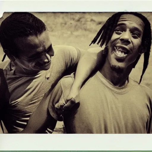 Image similar to polaroid picture, sepia, ronaldinho gaucho hugs manu chao in a paraguayan prison, perfect face, symmetrical face, fine details, day setting, ethereal, trending on artstation