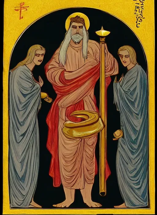 Image similar to And standing in the middle of the lampstands was someone like the Son of Man. He was wearing a long robe with a gold sash across his chest. His head and his hair were white like wool, as white as snow. And his eyes were like flames of fire. His feet were like polished bronze refined in a furnace, and his voice thundered like mighty ocean waves. He held seven stars in his right hand, and a sharp two-edged sword came from his mouth. And his face was like the sun in all its brilliance. dark colors, epic atmosphere, dramatic lighting, cinematic, establishing shot, extremely high detail, photo realistic, cinematic lighting, pen and ink, intricate line drawings, by Kohei Horikoshi, post processed, concept art, artstation, matte painting, style by eddie mendoza, raphael lacoste, alex ross