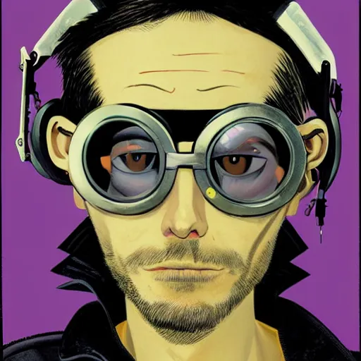 Prompt: close up portrait of a cyberpunk goth guy wearing goggles and eccentric jewelry, by jamie hewlett, jamie hewlett art,