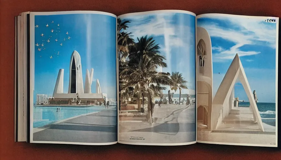 Image similar to A 1985 vintage magazine architecture photo of a, mediterranean architecture, refracted lines and sparkles, thunderstorm outside, beach on the background major arcana sky and occult symbols, hyperrealistic, award-winning, 1985