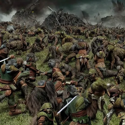 Image similar to an army of orcs on a battlefield, extremely realistic movie scene