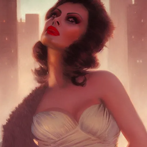 Prompt: closeup portrait of a young sophia loren, 1 9 2 0 s, femme fatale, city background, megacity, high fantasy, dramatic light, gorgeous view, depth, high detail, digital art, painted by greg rutkowski, trending on artstation