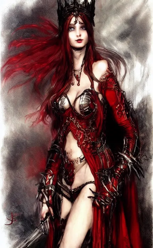 Prompt: Concept art Gothic princess in dark and red dragon armor. By Joseph Mallord William Turner, Luis Royo, artstation trending, Rembrandt, highly detailded