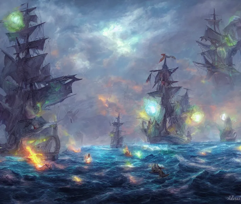 Image similar to Naval epic battle, fantasy concept art, coloful digital painting, highly detailed