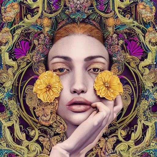 Image similar to the portrait of the most beautiful, graceful, and elegant woman made of bananas and petals, an ultrafine detailed illustration by kim jung gi, irakli nadar, intricate linework, bright colors, final fantasy, behance contest winner, angular, unreal engine 5 highly rendered, global illumination, radiant light, detailed and intricate environment