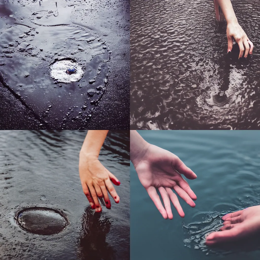 Prompt: a woman's hand reaching into a puddle of water, a stock photo by johannes voss, trending on unsplash, neo - romanticism, shallow depth of field, depth of field, polished