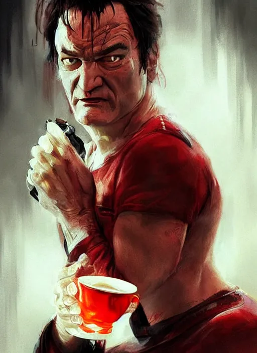 Prompt: Quentin Tarantino drinking a mug of blood, face close up, elegant, digital painting, concept art, smooth, sharp focus, illustration, from StarCraft by Ruan Jia and Mandy Jurgens and Artgerm and William-Adolphe Bouguerea