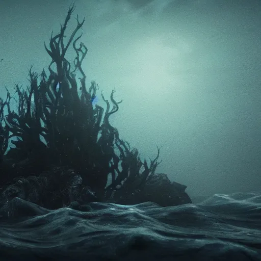 Image similar to THE HORROR BELOW THE SEA, horror, ocean, octane rendered, 4k UHD, darkness, Lovecraft