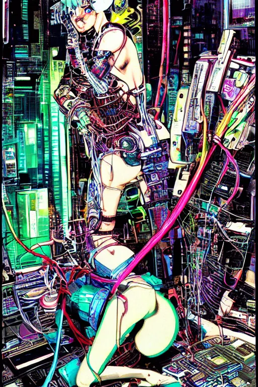 Image similar to a crazy cyberpunk illustration of a female android seated on the floor in a tech labor, seen from the side with her body open showing cables and wires coming out, by masamune shirow and katsuhiro otomo, japan, 1980s, dark, colorful