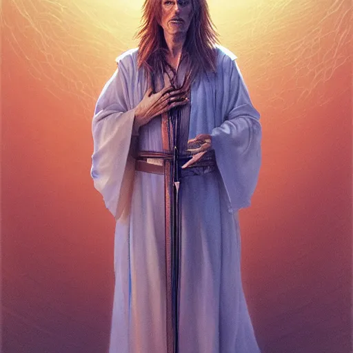 Prompt: david bowie in labyrinth as a sufi saint who looks like ibn arabi with a glowing teardrop - shaped prism pendant on a leather thong, art by greg rutkowski, jesper ejsing, ilya kuvshinov, fantasy, highly detailed, unreal engine, complementary colors, studio photography, matte painting, 8 k