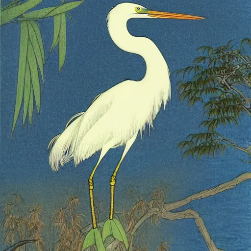 Prompt: an egret in the wild, draped in ornate patterned fabric, by ohara koson and yoshitaka amano and john audubon, ink and crayon illustration