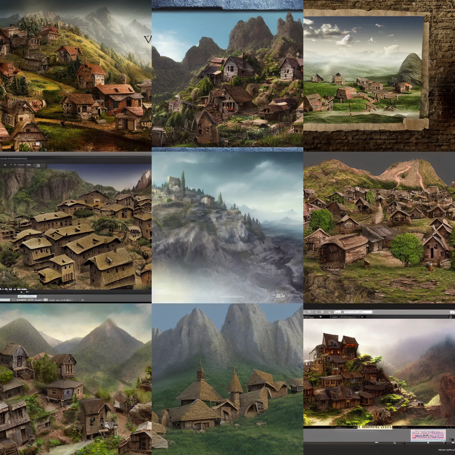 Prompt: digital matte painting village carved out of a mountain