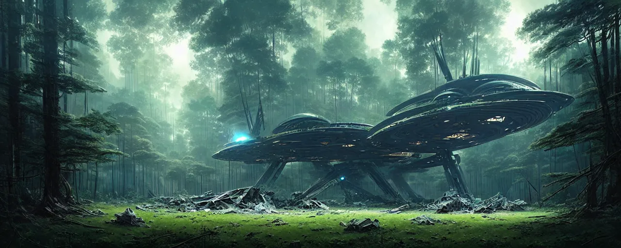 Prompt: a giant megastructure spaceship wrecked and lost in the forest, detailed digital art by greg rutkowski.