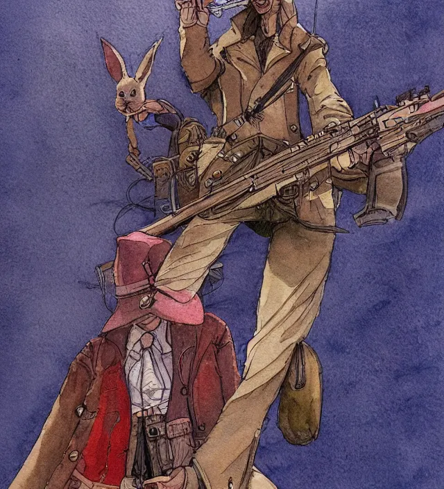 Image similar to a 3 / 4 view watercolor ink painting of an anthropomorphic bunny gunslinger posing with their revolver - rifle in the style of jean giraud in the style of moebius trending on artstation deviantart pinterest detailed realistic hd 8 k high resolution