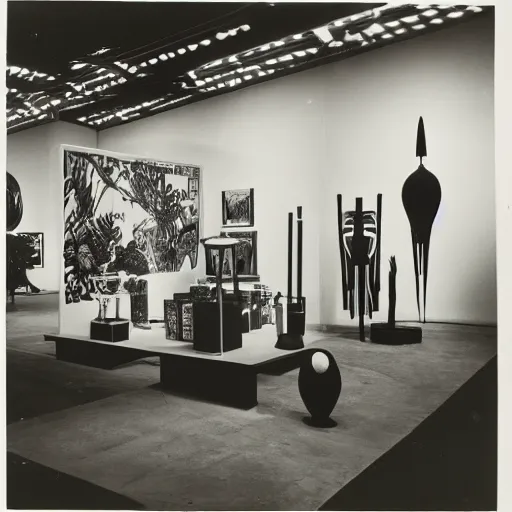 Image similar to A black and white photography of an exhibition space with objects of Sun Ra, Marcel Duchamp and tropical plants, 60s, offset lithography print, newspaper, distant shot