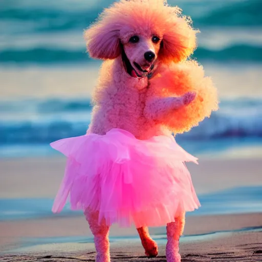 Prompt: pink poodle, wearing a tutu, dancing on the beach, at sunset