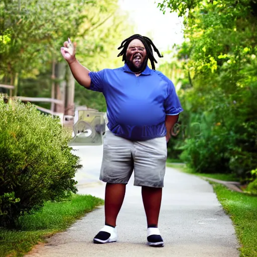 Image similar to overweight african american male school bus driver with dreads, wearing shorts with chubby legs, big moe, symmetric face, photo