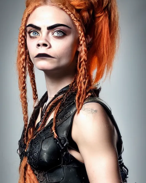 Prompt: fantasy character portrait photo. female dwarf. short, broad, extremely robust. broad face resembles cara delevingne but very squat. wide face, androgynous but pretty. elaborately braided orangepink hair. long sidebuns, downy cheeks. thick bushy groomed red eyebrows with multiple piercings. tan leather vest, bare bodybuilder shoulders. kohl, lipgloss