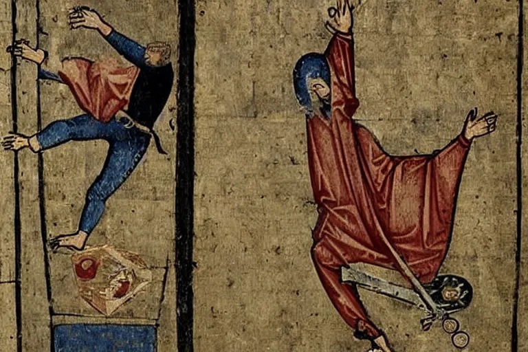 Prompt: tony hawk doing a kickflip, medieval art