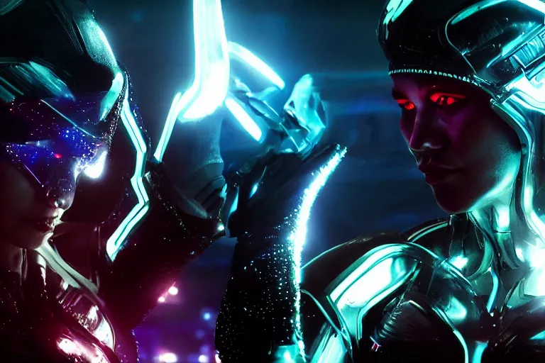 Prompt: VFX movie closeup portrait of a futuristic inhuman alien hero woman in spandex armor in future city, landing pose neon lighting by Emmanuel Lubezki