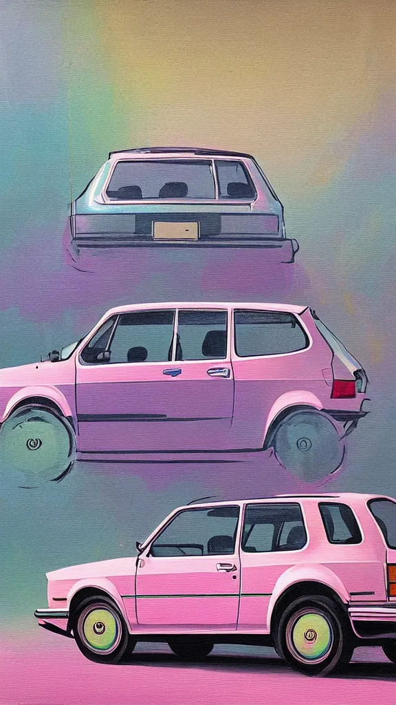 Image similar to rococo painting of a 1 9 8 0 s vw golf, pastel colour palette, iridescent