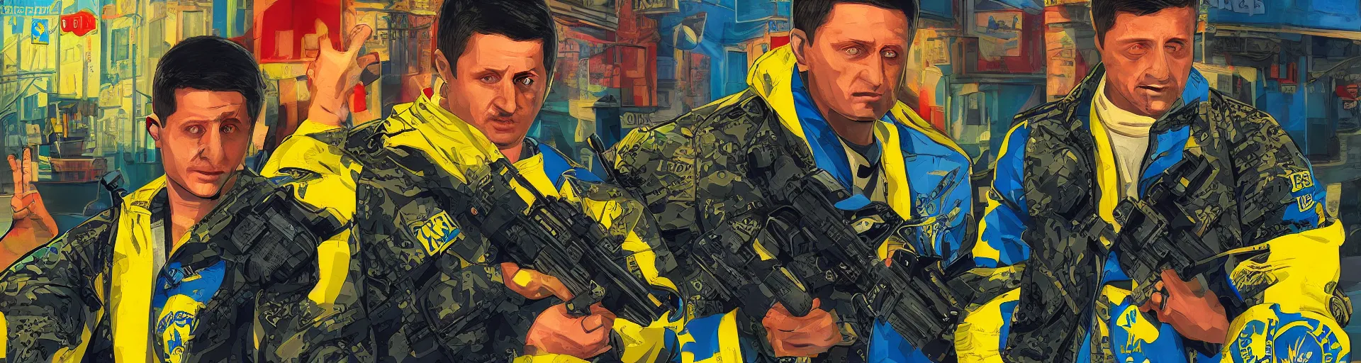 Prompt: volodymyr zelensky gta cover art with ukrainian themed colors.