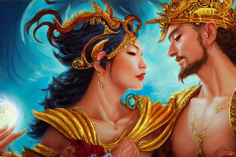 Image similar to close up moment of a divine a sun god and a moon goddess lovers magician at a wedding banquet, highly detailed, d & d, fantasy, highly detailed, digital painting, trending on artstation, concept art, sharp focus, asian feature, illustration, art by artgerm and daniel gerhartz and magali villeneuve