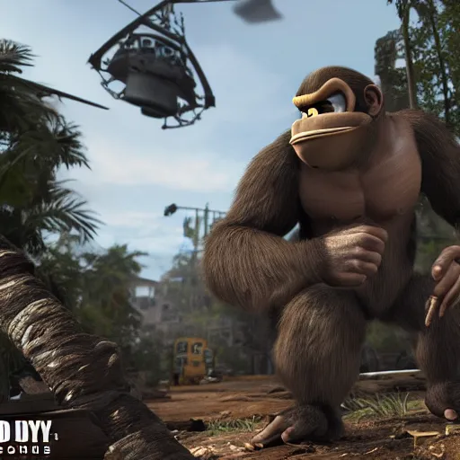 Prompt: Donkey Kong in Call of Duty, highly detailed, high quality, HD, 4k, 8k, Canon 300mm, professional photographer, 40mp, lifelike, top-rated, award winning, realistic, sharp, no blur, edited, corrected, trending