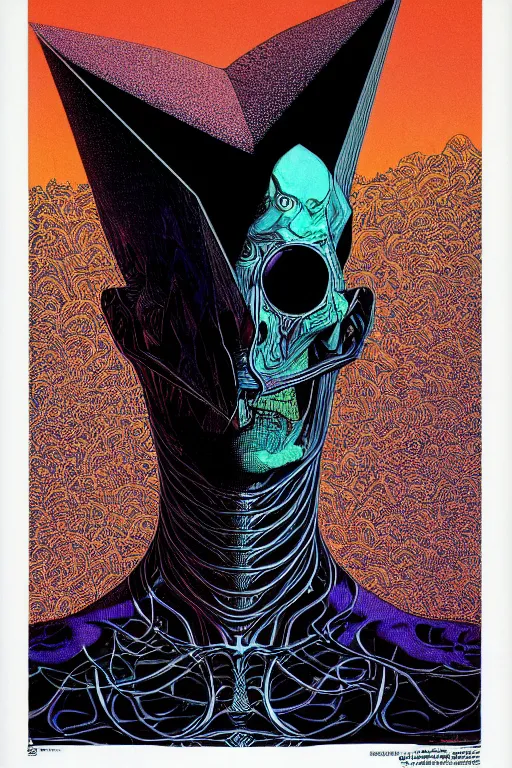 Image similar to portrait of black and psychedelic grainshading print by moebius, richard corben, wayne barlowe, cyberpunk comic cover art, psychedelic triangular skeleton, very intricate, thick outline, full body, symmetrical face, long black crown, in a shapes background, galactic dark colors