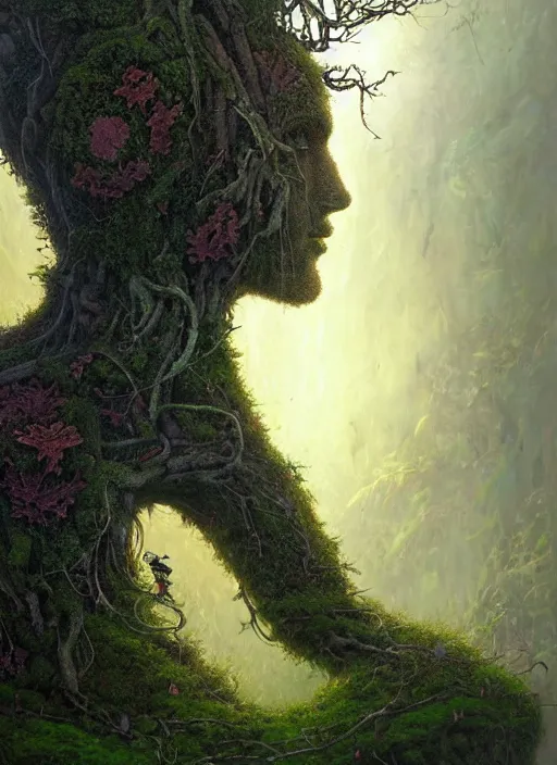 Image similar to Portrait of an Ancient Robot with a tree growing out of its head, patches of moss, translucent leaves, extremly detailed digital painting, in the style of Tomasz Alen Kopera and Fenghua Zhong and Peter Mohrbacher, mystical colors, rim light, beautiful lighting, 8k, stunning scene, raytracing, octane, trending on artstation