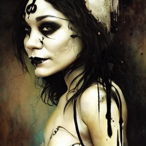 Image similar to beautiful portrait of vanessa hudgens as death from sandman, smiling, by cedric peyravernay, alphonse mucha, by jeremy mann, by lecouffe deharme, goth chic, soft lightning, eyeliner, punk rock, high detailed, 8 k