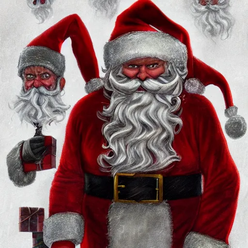 Prompt: a skinny frowning Santa Claus surrounded by his evil demon elves, Chrisman, holiday, intricate, cinematic lighting, highly detailed, digital painting, artstation, concept art, smooth, sharp focus, illustration