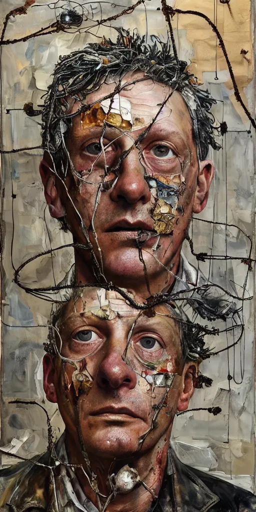 Image similar to a full length portrait of a very ordinary middle-aged man with a terrified expression, Anselm Kiefer and Lucian Freud and Jenny Saville, oil painting, rust, Scaffolding, rusted metal and sunflowers, iron cladding, decay, mixed media, textured, anatomically correct, beautiful perfect face, visible brushstrokes, sharp focus, twisted wire, Highly Detailed, nails, photographic emulsion cracked and peeling, Cinematic Lighting, 8k, HD