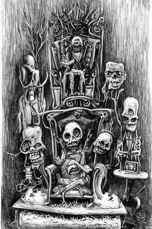 Image similar to a haunted man sitting in a throne, surrounded by your alternative personalities, by ed ( big daddy ) roth