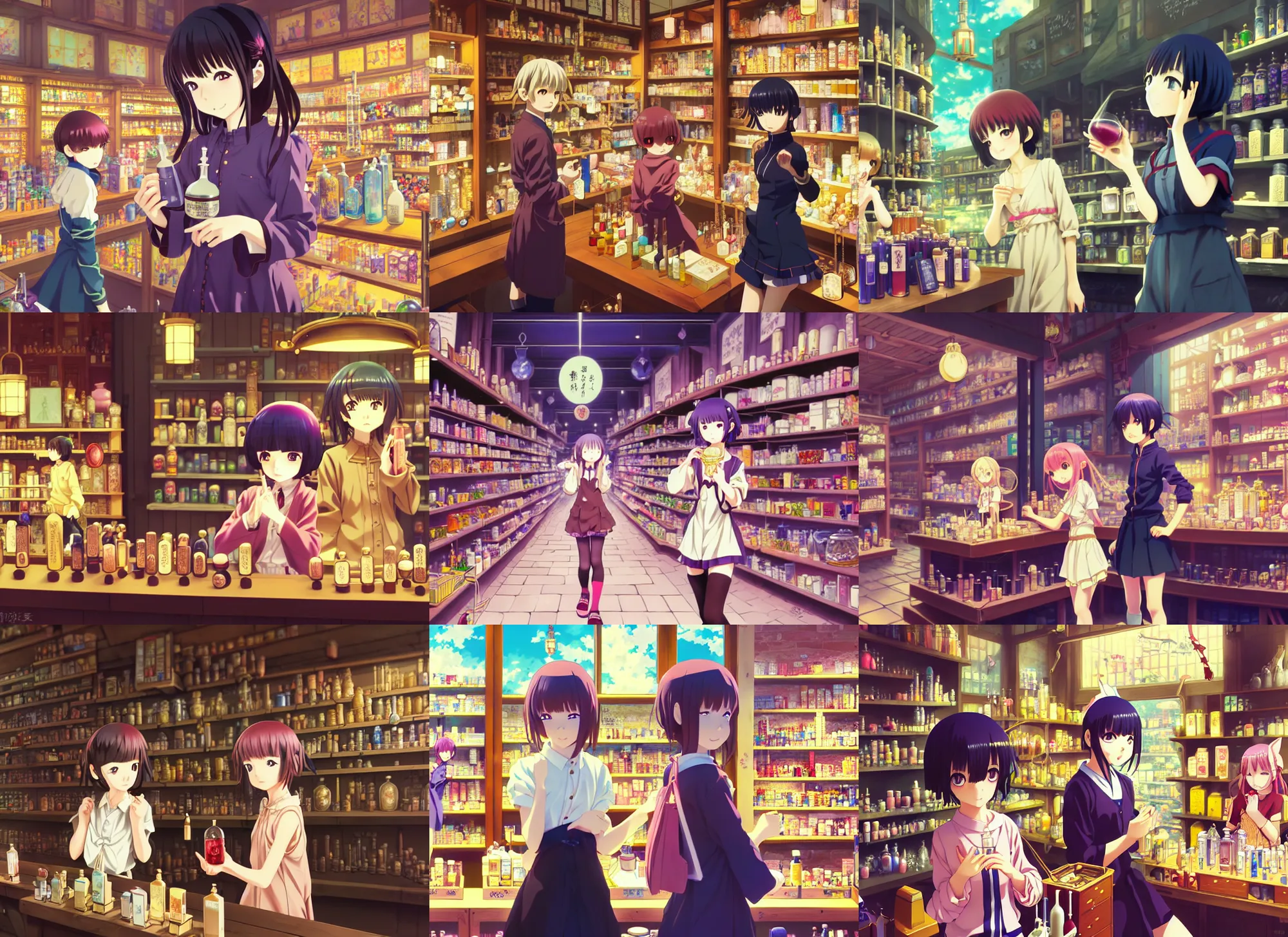 Prompt: anime visual, portrait of a busy alchemist's potion shop interior with a young female traveler shopping with fairies, cute face by ilya kuvshinov, yoshinari yoh, makoto shinkai, katsura masakazu, moody, dynamic perspective pose, detailed facial features, kyoani, rounded eyes, crisp and sharp, cel shade, lomography