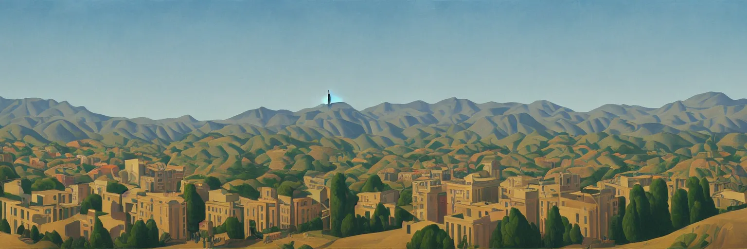 Image similar to hollywood sign cityscape oil painting magritte